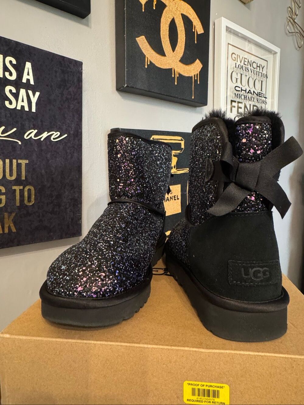 M UGG Classic Mini Stellar Sequin boot in black(multi iridescent chunky) sz 10